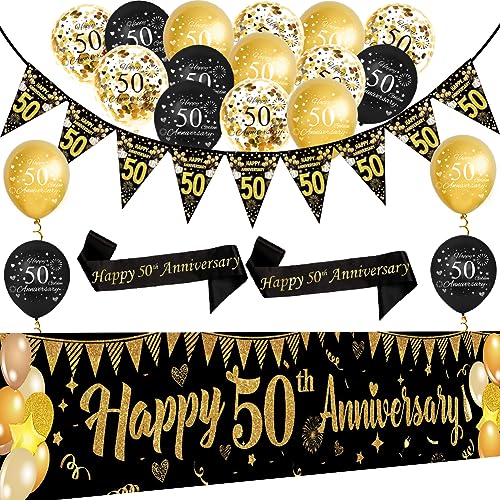 Black Gold 50th Wedding Anniversary Decorations Kit Happy 50th Anniversary Yard Banner Sash Banner Bunting Flags 18Pcs Latex Balloons for Women Men 50 Year Party Supplies
