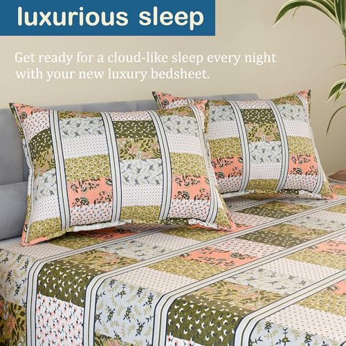 Image of Kuber Industries Cotton 144 TC Double Bedsheet With 2 Pillow Covers | Machine Washable Soft Bedsheet For Living Room, Home & Hotels | Barik Flower Print - Green