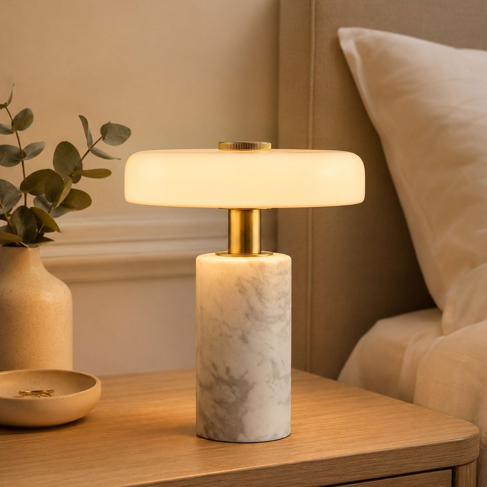 Lampe De Table En Marbre 23 CM, Verre Sans Fil Rechargeable, Lampe De Chevet LED À Intensité Réglable Par Effleurement, 3 Températures De Couleur, Veilleuse En Pierre Pour Chambre Et Salon