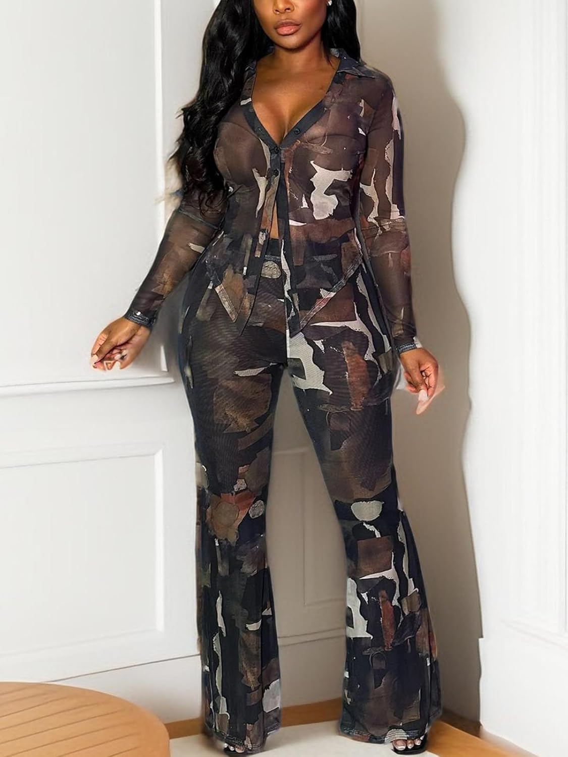 acelyn Sexy 2 Piece Outfits for Women Summer Mesh Printed Long Sleeve Button Down Shirt Tops and Bodycon Flared Pants Sets - Image 2