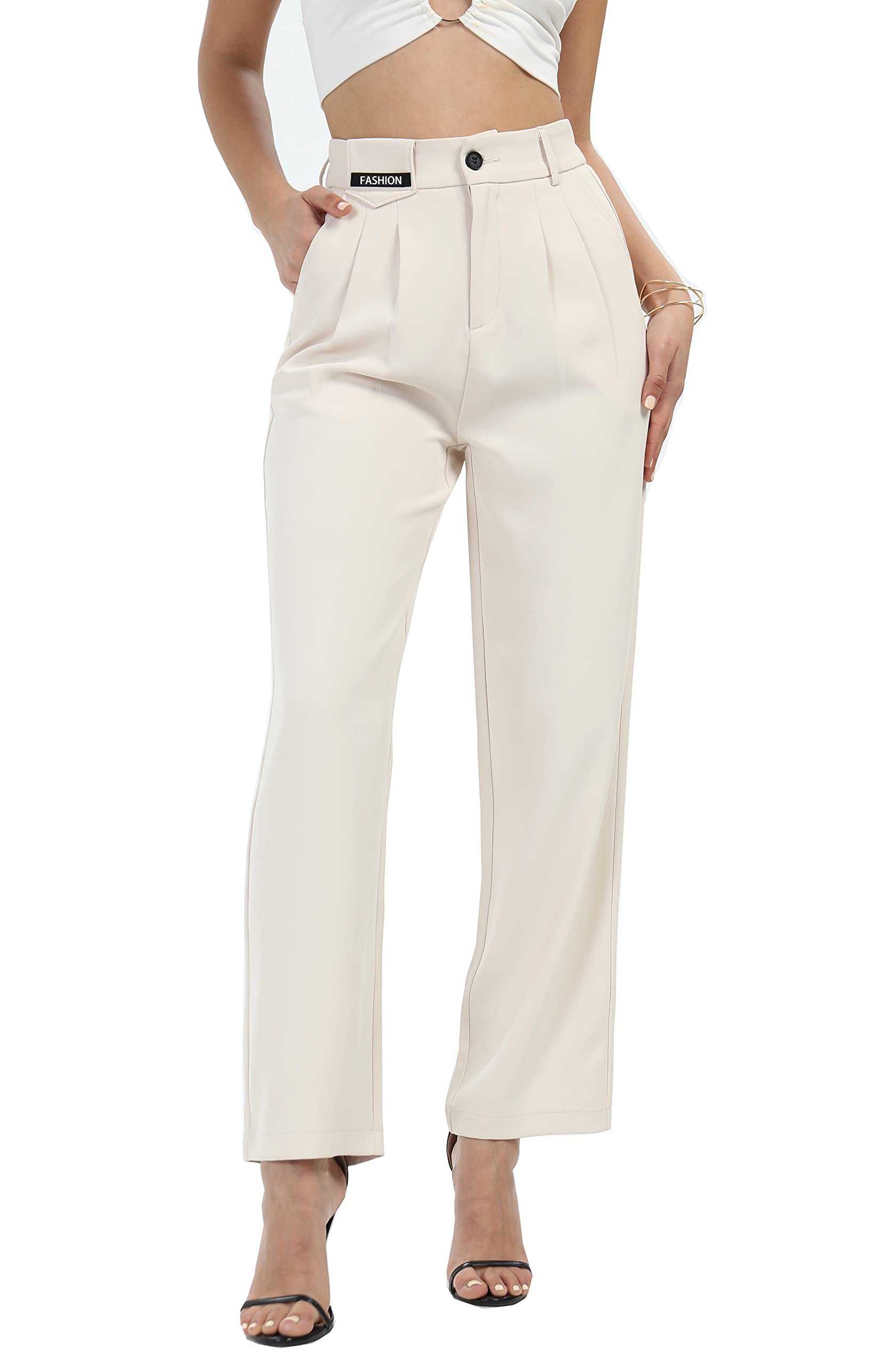 heipeiwa Womens Wide Leg Casual Pleated Pocketed Business Dressy Suit Pants Trouser