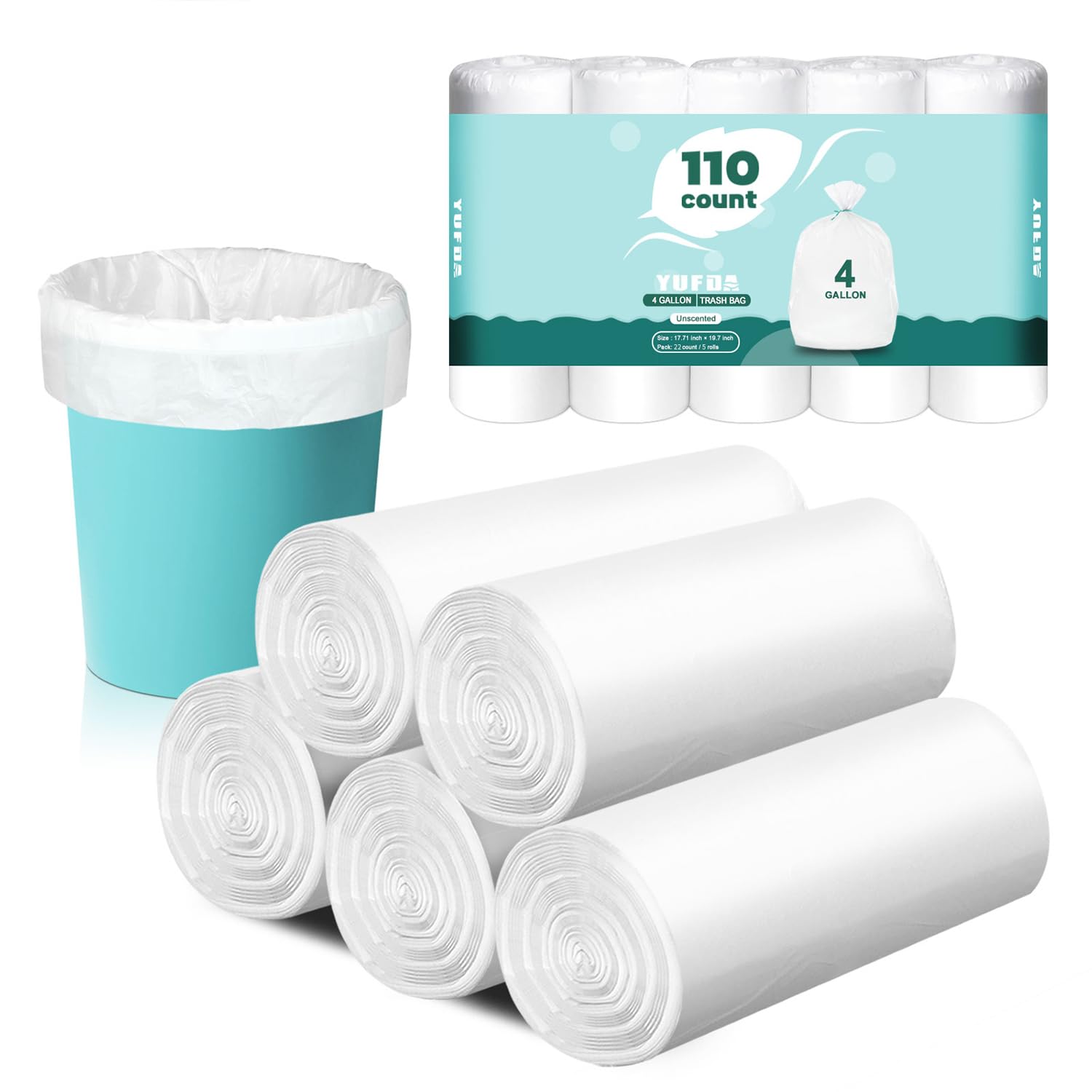 110 Count Small Garbage Bags - 15 Litres/4 Gallon White Trash Bags for Office, Bedroom, Bathroom - Unscented 15L Small Trash Bags,compost bags