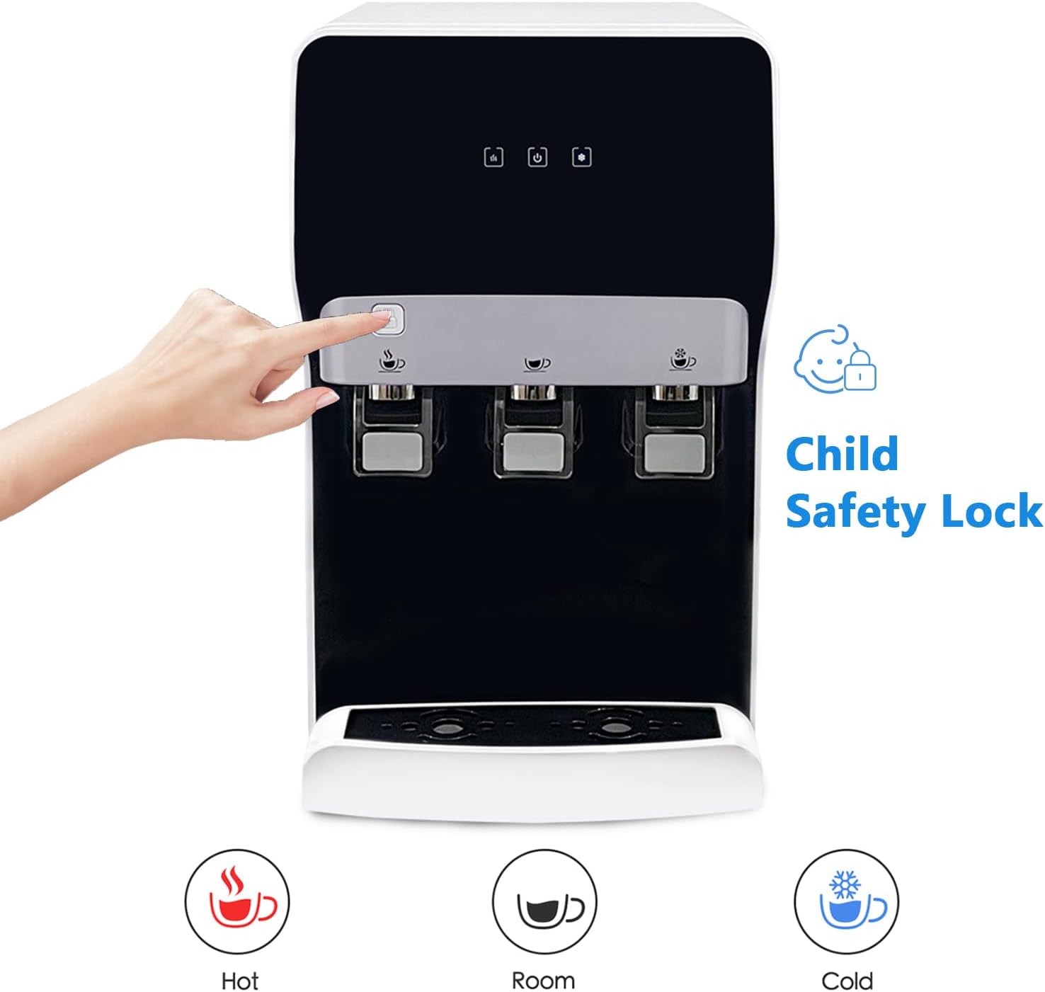 Davant view of the SOOPYK water cooler dispenser with a hand pressing the hot water button, illustrating the child safety lock feature