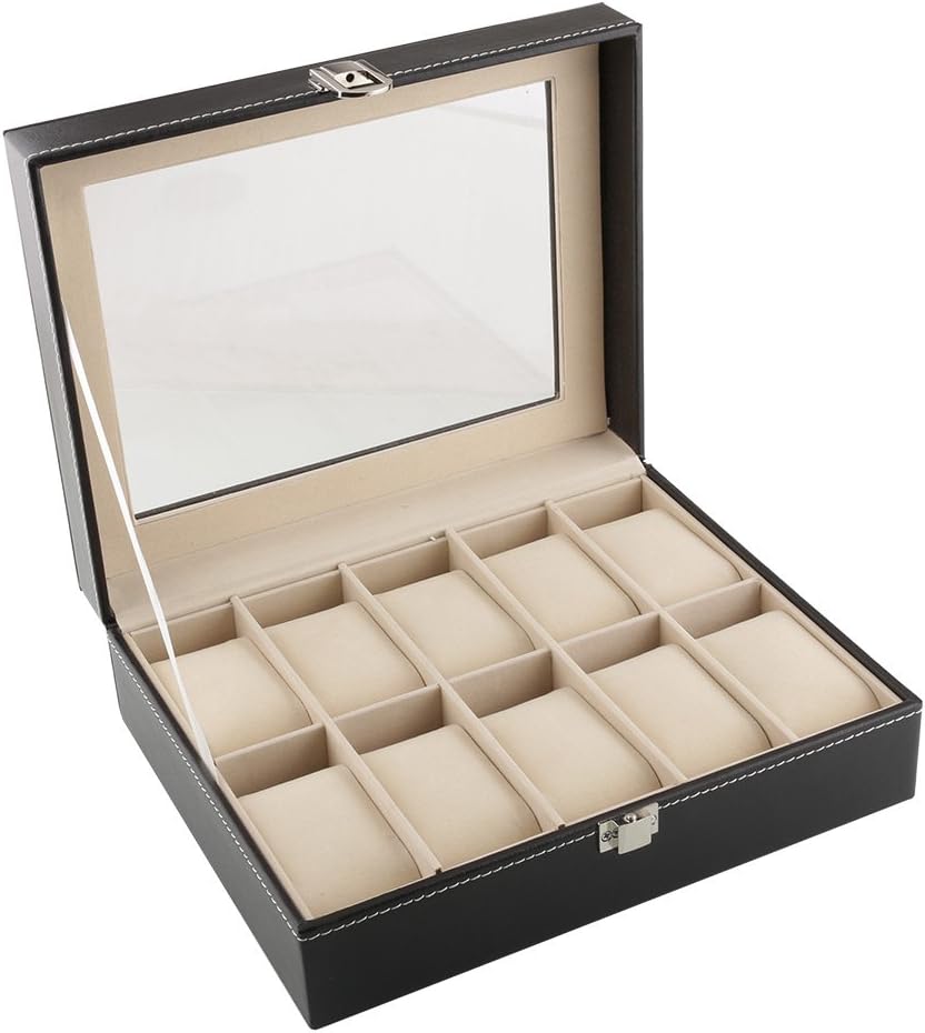 MuchBuy Leather 10 Grids Jewelry Watch Display Organizer Gloss Top Box Case.