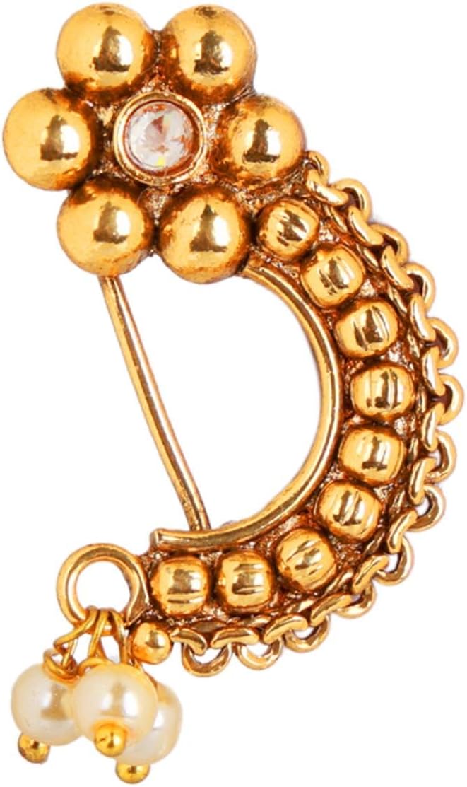 Efulgenz Indian Nath Nathani Bridal Traditional Indian Jewelry for Women Crystal Kundan Faux Pearl Clip On Nose Pin Stud Fake Septum Non Piercing Body Jewelry
