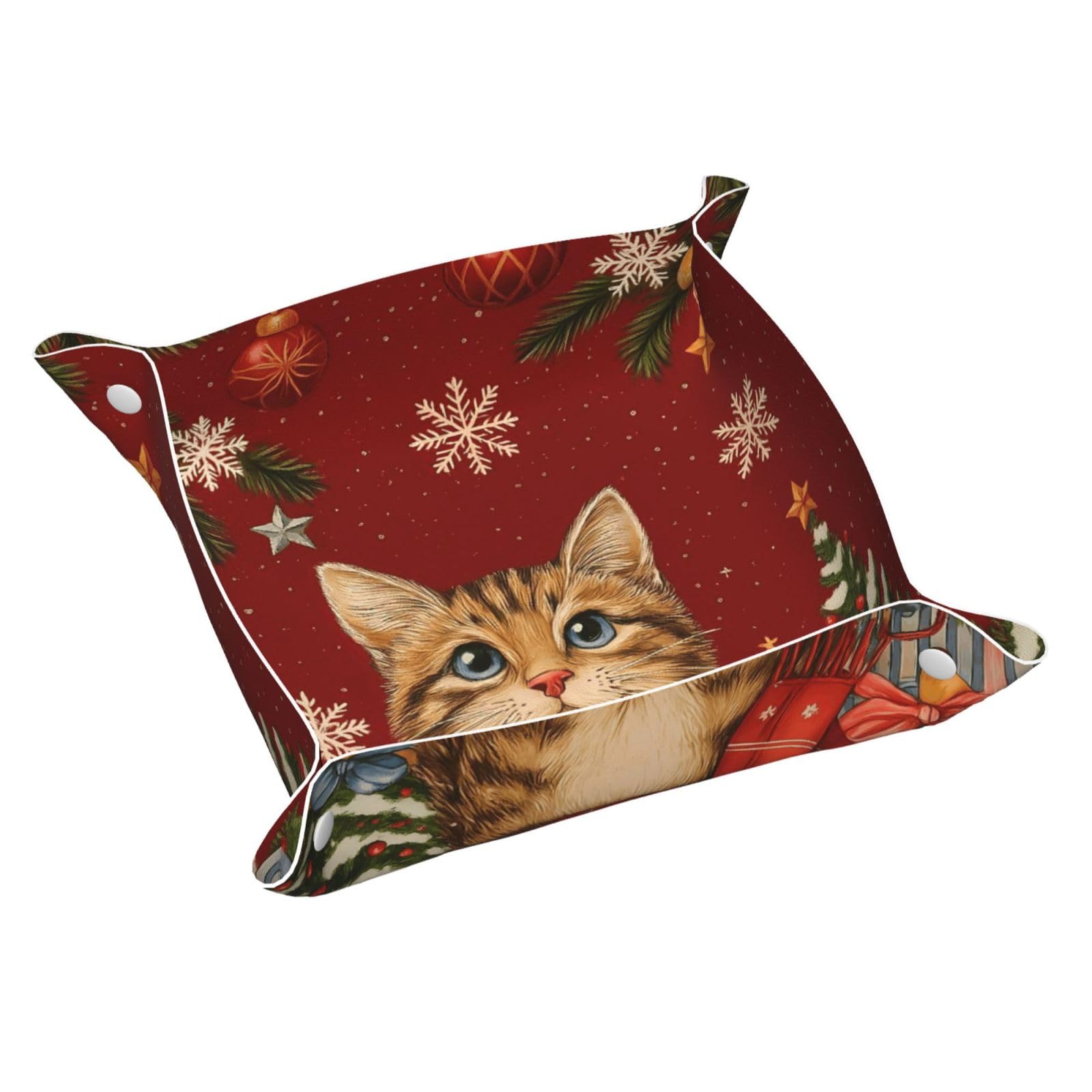 HLBSDM Snowy Cute Cat & Snowflake Tray Men's Leather Valet Parking Portable Entrance Trays Bedside Storage Box