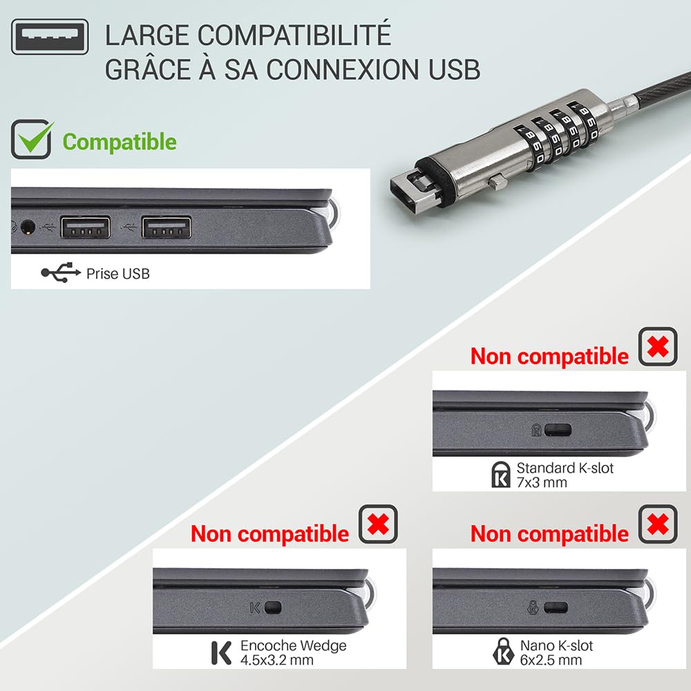 Waytex Câble Antivol PC à Code pour Prise USB, Câble de Sécurité Verrouillable pour Ordinateur Portable, PC, Mac sans Slot de sécurité - Longueur 1,90m