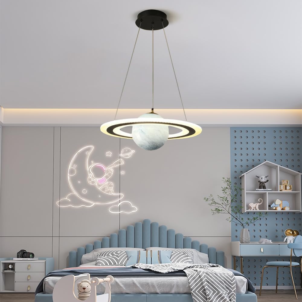 Kid's Room Planet Glass Pendant Lights Creative Planet Boy and Girl Room LED Dimmable Chandelier, Space Planet Bedroom Ceiling Hanging Lamp for Children's Room Study Room