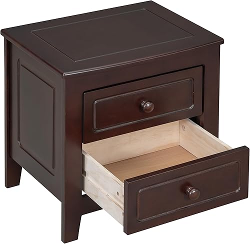Miniatura 5 de Polibi Mesita de noche retro con 2 cajones de almacenamiento, mesa auxiliar clásica de madera maciza para dormitorio, sala de estar, oficina, nogal