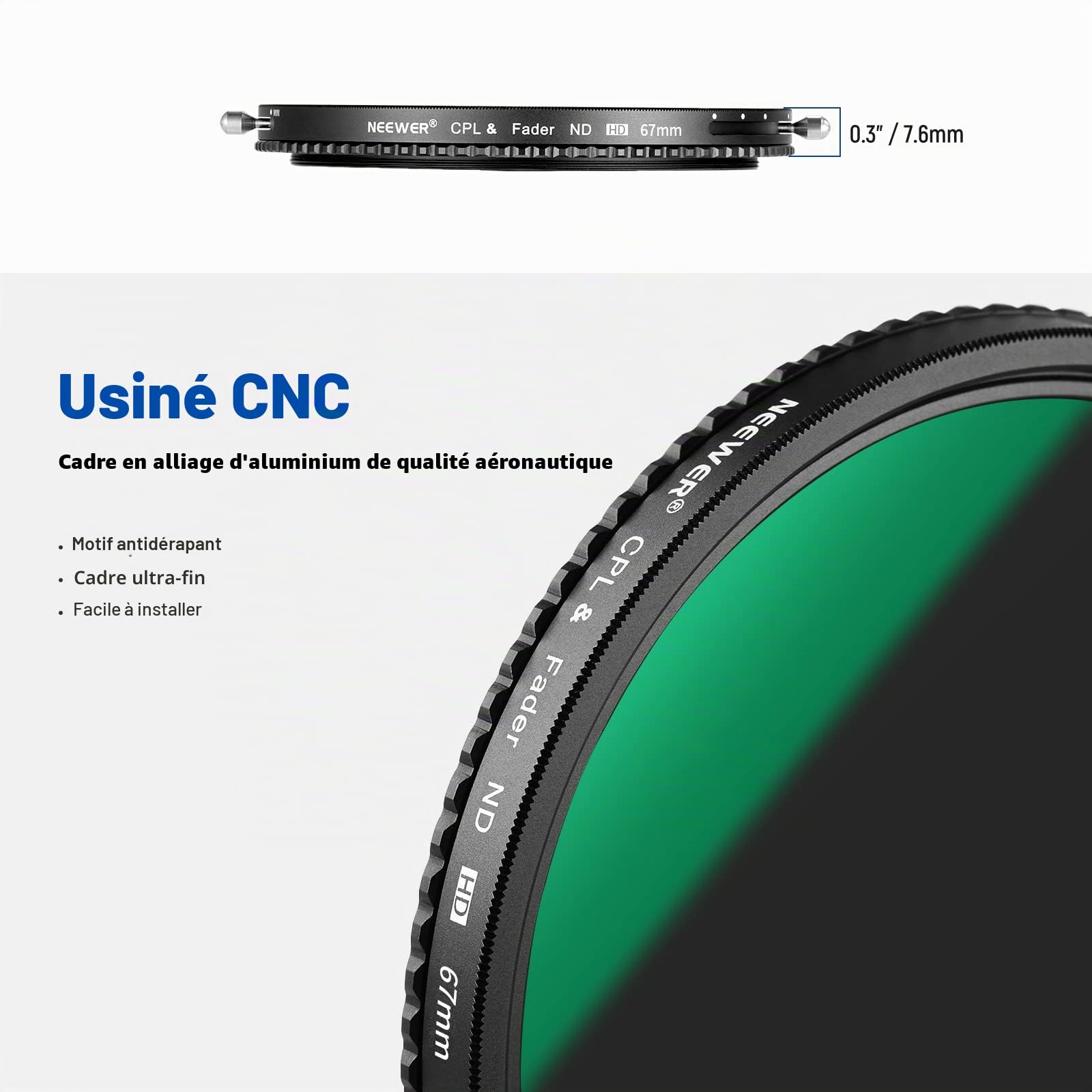 NEEWER 2 en 1 67mm Filtre ND variable ND2–ND32 et filtre CPL (polariseur circulaire) Sans croix en X / Revêtement nano 30 couches / Verre optique HD / Hydrofuge / Résistant aux rayures