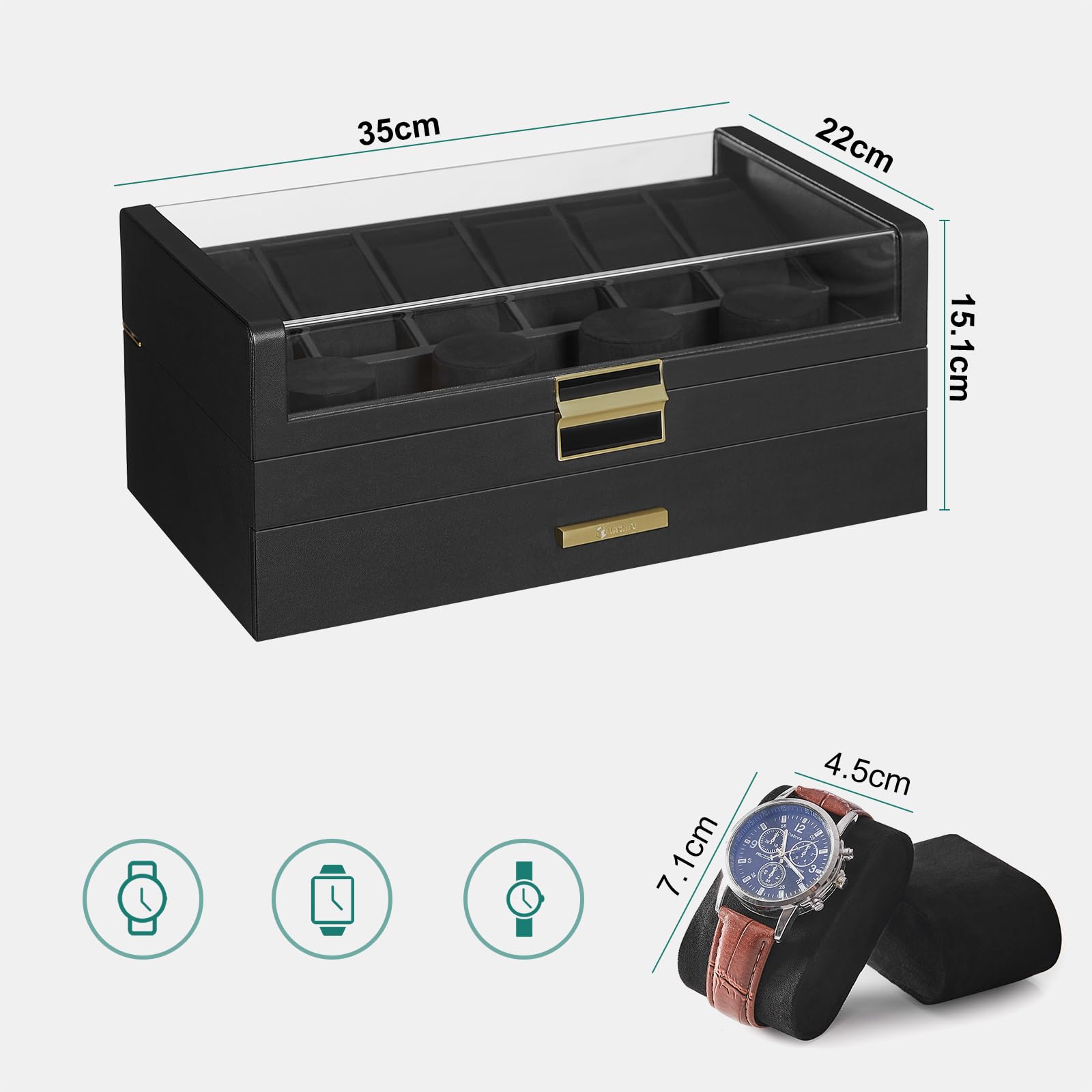 Boîte à Montre VASIHO 6 Compartiments - Coffret Verre Verrouillable - Rangement Montres Et Bijoux Homme