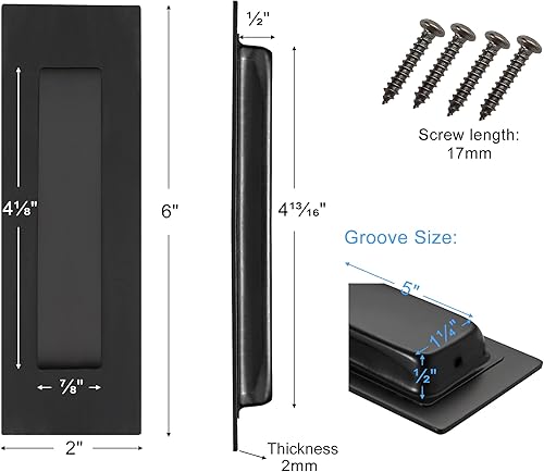 Miniatura 2 de Malimali Tiradores Empotrados al Ras para Dedos - Herrajes de Tirador de Puerta Rectangular de Acero Inoxidable Negro Mate de 6 Pulgadas (Paquete de