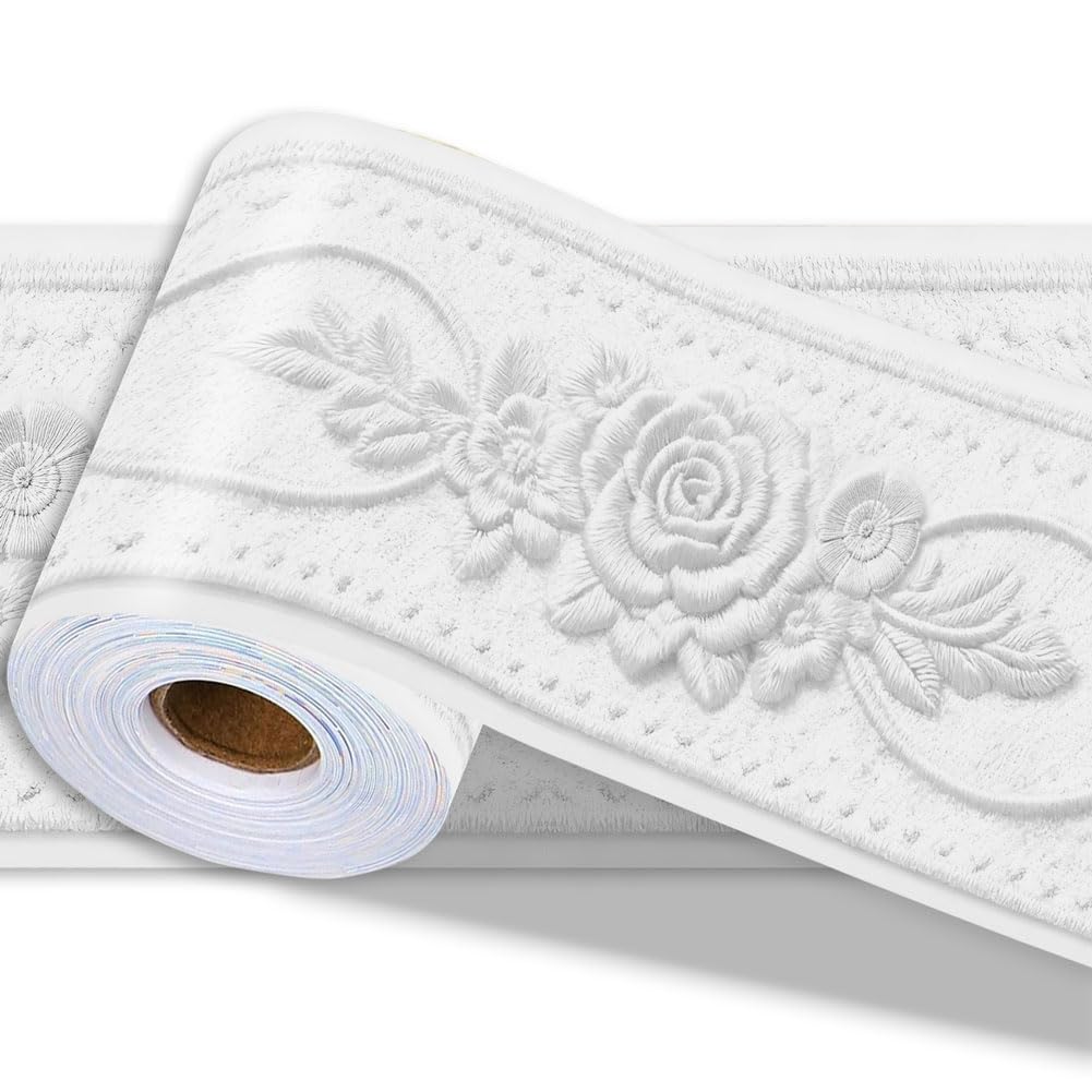PRESSINART 3D Wallpaper Border Floral White Wall Border Trim 197 x 4 Inch Elegant Rose Flower Pattern PVC Decorative Molding Peel and Stick Tiles Stickers for Bathroom Laundry Kitchen Home Decoration