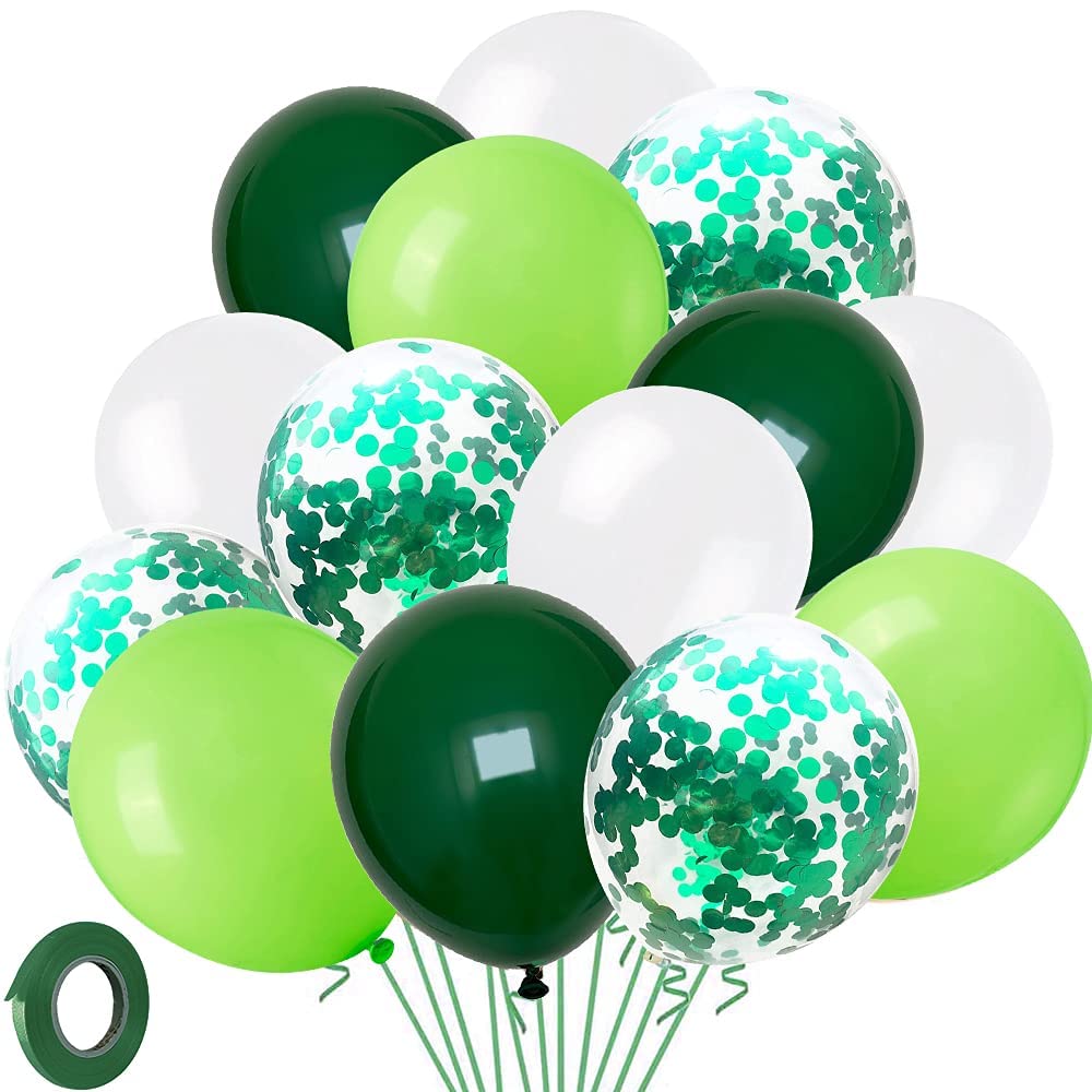 Yuroochii 60 Pcs Party Balloons, Dark Green, Light Green, White, and Green Confetti Latex Balloon Set for Birthday Party, Jungle Party Decoration, 12 Inch Balloons with 33ft Ribbon