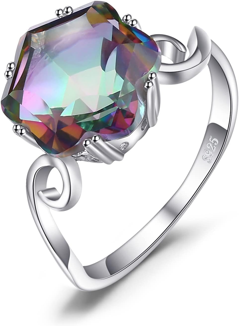 JewelryPalace Fancy Cut 5.7ct Multicolor Genuine Rainbow Quartz Cocktail Rings for Her, 14K White Yellow Rose Gold Plated 925 Sterling Silver Ring for Women, Natural Gemstone Jewelry Rings