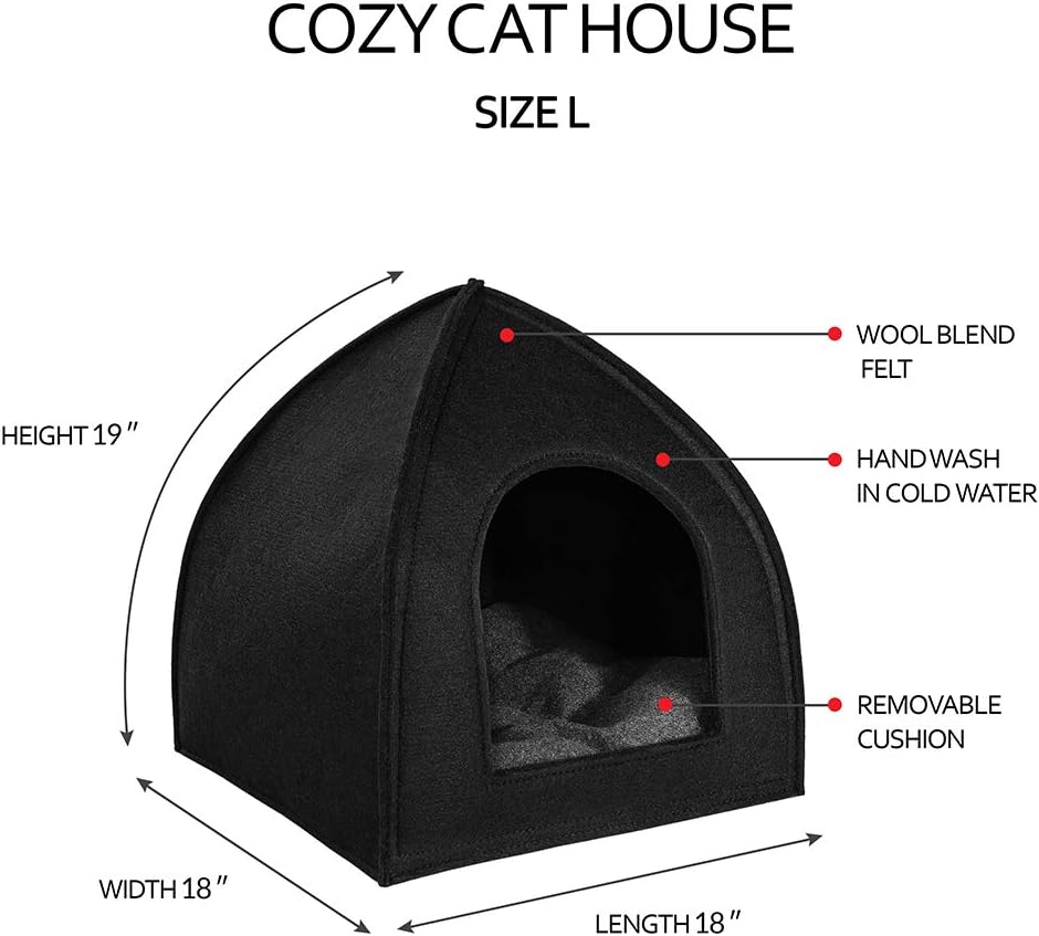 BronzeDog Cat House Bed with Removable Cushion Pad Cozy Kitten Cave Cute Pet Tent Beds for Cats Puppy Small Dogs (L, Black)