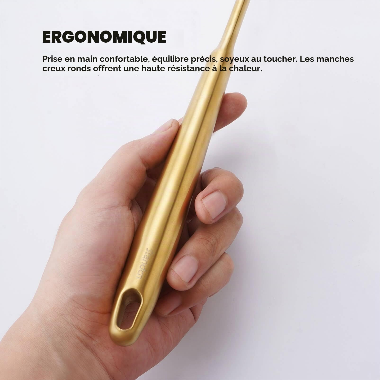 Ensemble d'ustensiles de cuisine dorés, 12 ustensiles de service en laiton mat, outils de cuisine en acier inoxydable 18/10 – Presse-purée, pince, fourchette à viande, spatule, spatule, louche