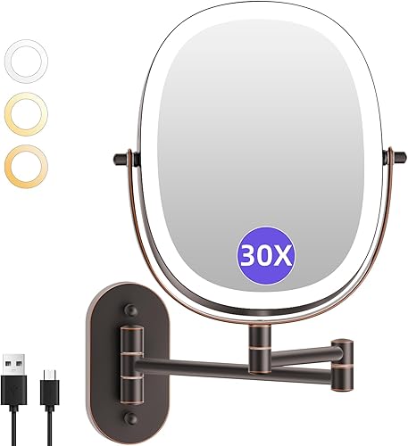 FUNTOUCH Espejo de maquillaje iluminado montado en la pared, espejo de baño de doble cara recargable de 5000 mAh, 3 modos de color táctil regulable