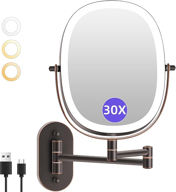 FUNTOUCH 30X/1X Wall Mounted Lighted Makeup Mirror, 5000mAh Rechargeable Double Sided Magnifying Bathroom Mirror, 3 Color Modes Touch Dimmable Extended Arm 360 Rotation, Antique Bronze