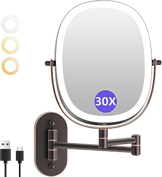 FUNTOUCH 30X/1X Wall Mounted Lighted Makeup Mirror, 5000mAh Rechargeable Double Sided Magnifying Bathroom Mirror, 3 Color Modes Touch Dimmable Extended Arm 360 Rotation, Antique Bronze