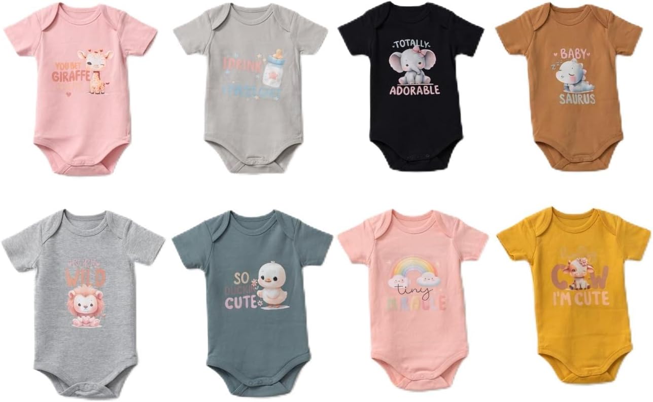 Baby Bodysuits set of 8, short Sleeve,cute animal Graphic prints, Multicolor, Infant 8-pieces.