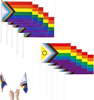 10 Pieces Pride Flags Handheld Progress Pride Flags Intersex Inclusive Progress Pride Flag and Pride Flags on Sticks Rainbow Flag with Pride Accessories for Outdoor Parades Festival Decorations