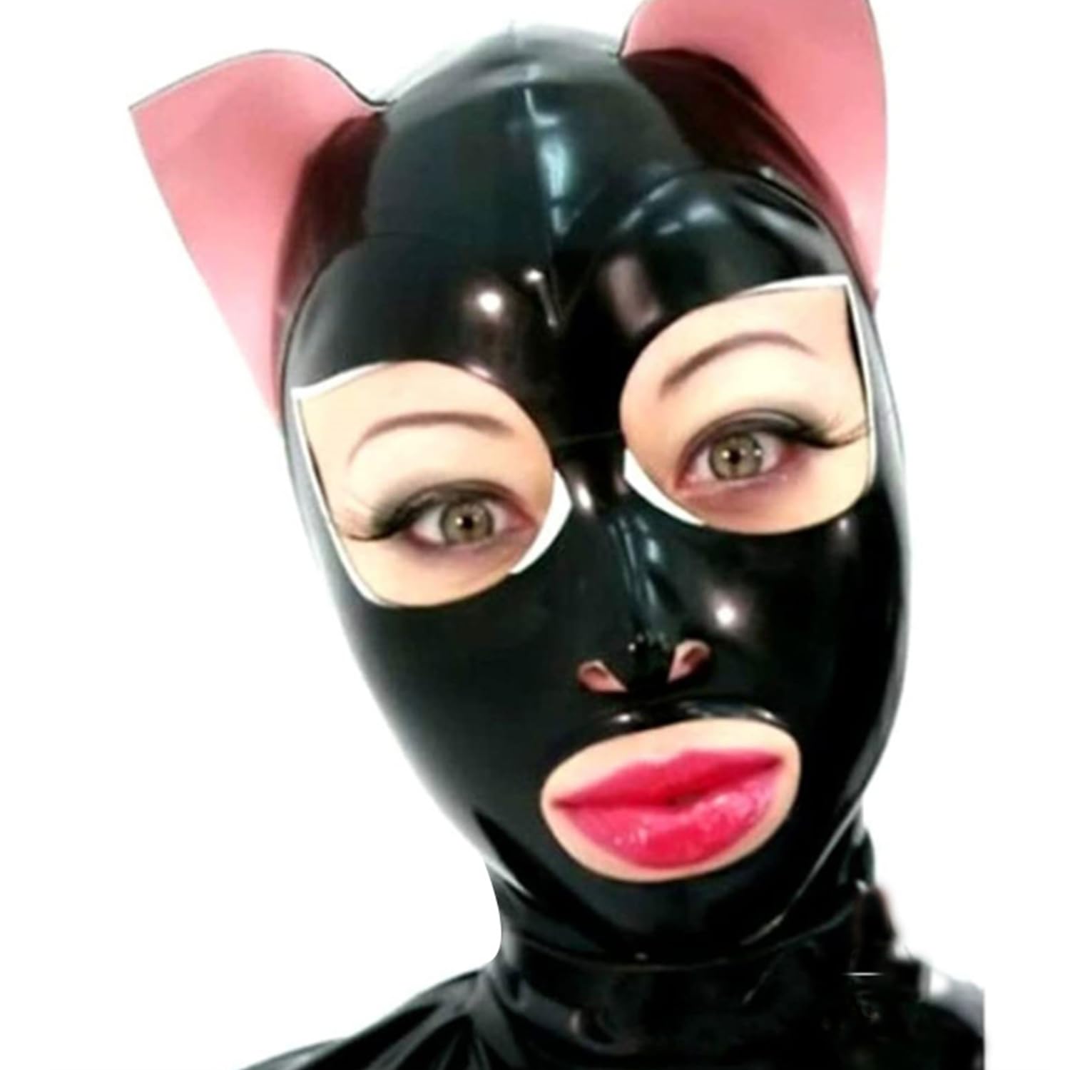 WXLPCGO Latex Hood with Cat Ears Open Eyes Mouth Zipper Open for Cosplay Party Club Handmade BDSM Fetish(Size:L-68CM)