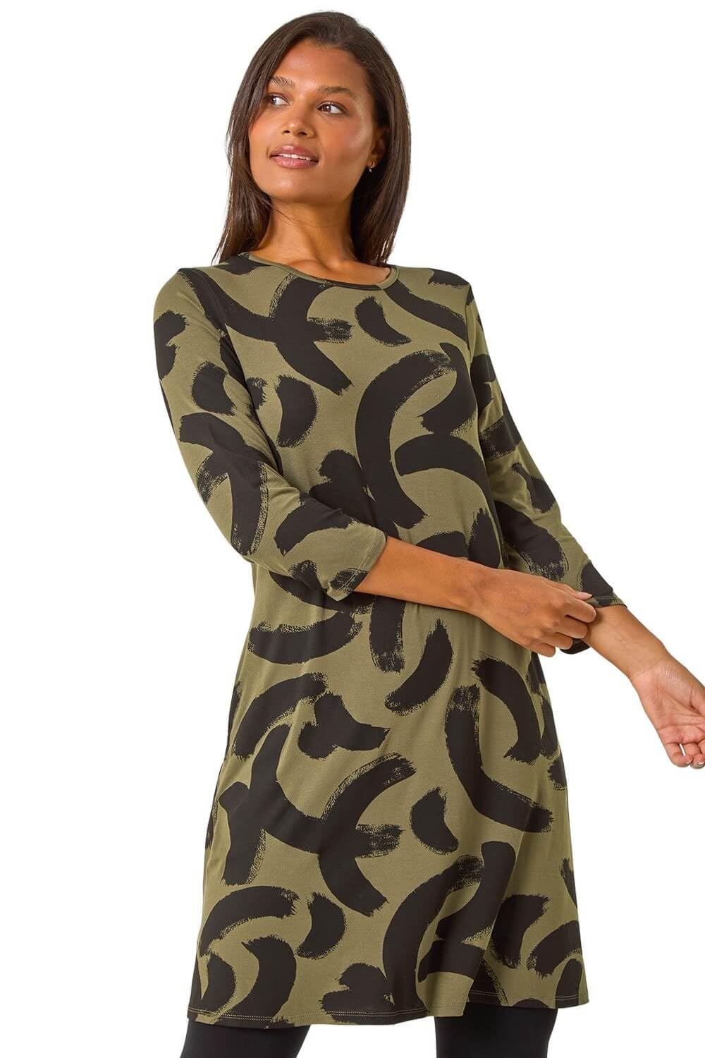 Roman Women's Khaki Brushstroke A-Line Stretch Dress In Size 16