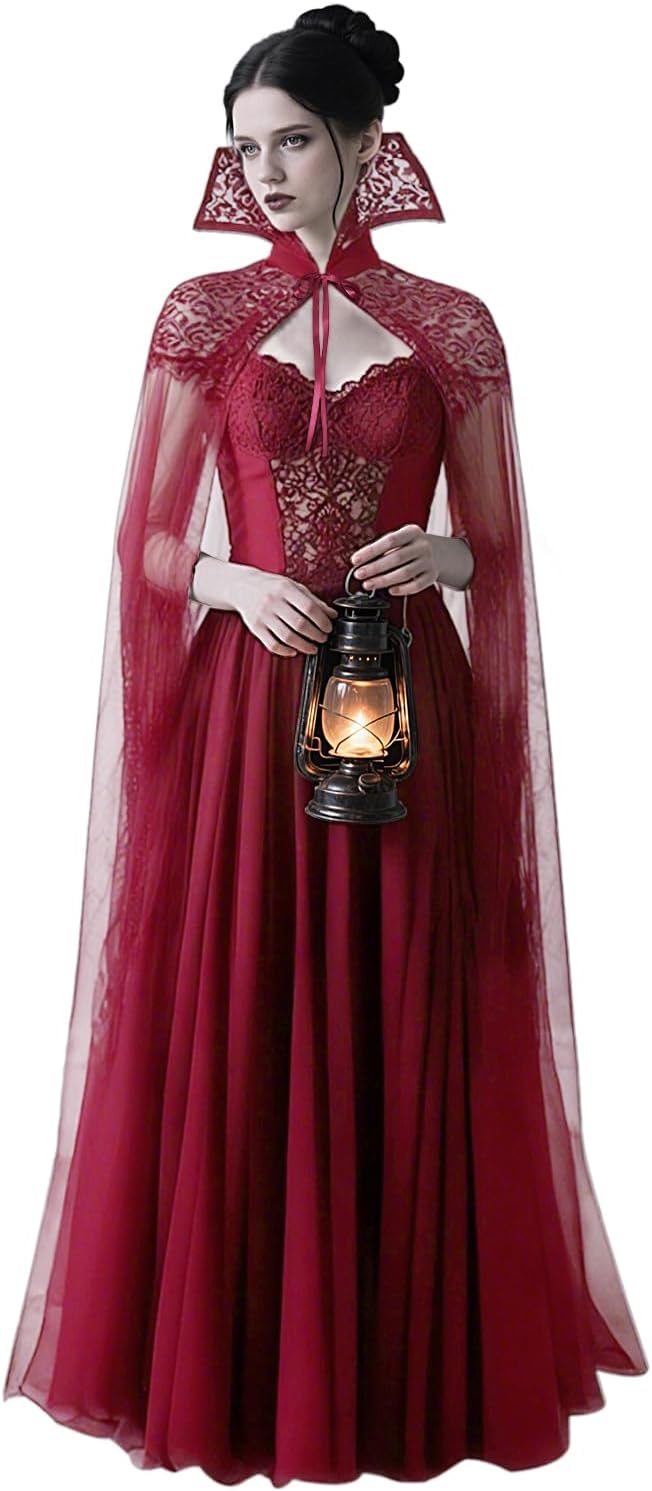 Joukavor Gothic Long Black Tulle Vampire Cape with Stand-Up Lace Collar for Women