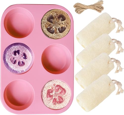 Kit de molde exfoliante para lufa y jabón, esponjas naturales de lufa 4 paquetes con bandeja redonda de silicona para hacer moldes de jabón, 6