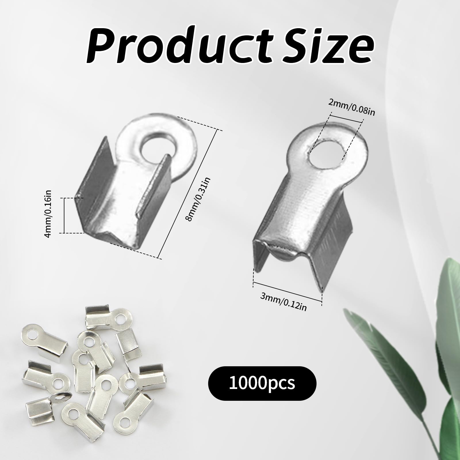1000 PCS 304 Stainless Steel Fold Over Crimp Cord Ends, End Caps for Jewelry Making, Earrings, and Bells Jewelry Connector