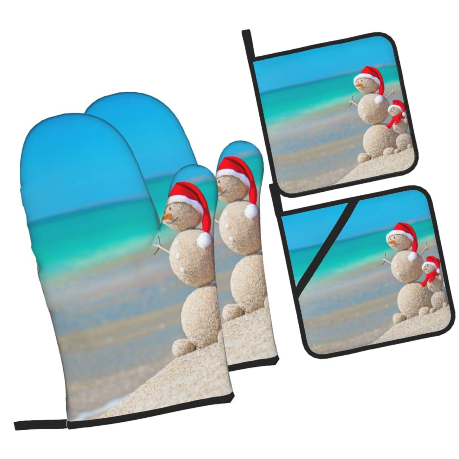 Snowman Seashells Sandy Beach Printed Oven Mitts and Pot Holders Heat Resistant Set of 4 Pcs, Modern Kitchen Gloves & Potholders for Cooking Baking Grilling