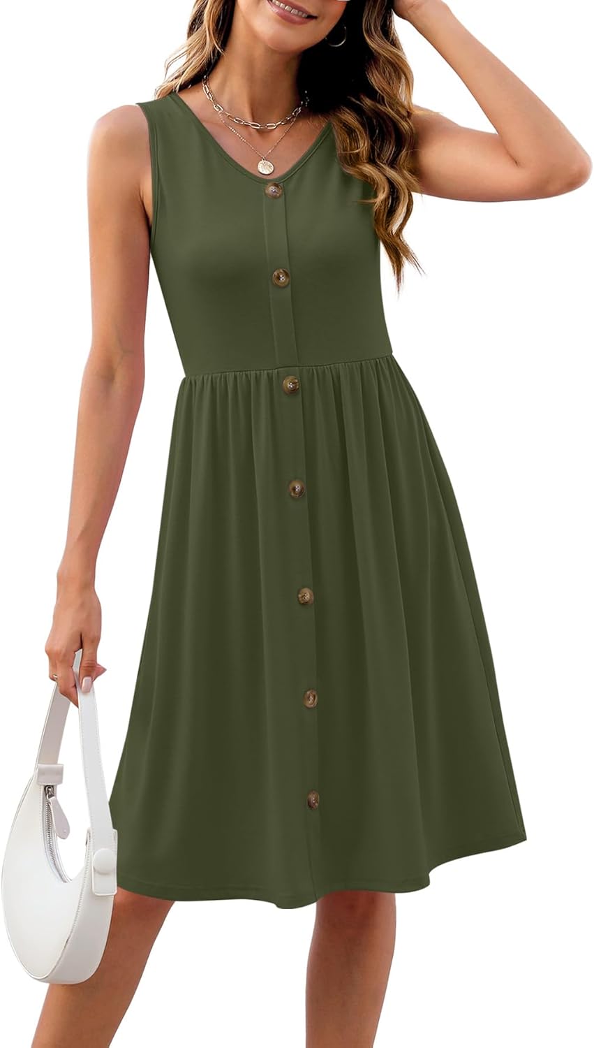 YSYOKOW Women's V-Neck Sleeveless Midi Summer Sundress with Elastic Empire Waist Flowy A-Line for Beach Travel Work