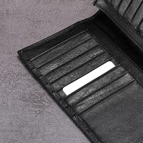 Image of HISCOW Full Grain Leather Men's Long Wallet, 15 Card Slots, Black Vegetable-Tanned Leather, One Size, Classic | Gusseted bill compartment, tall bifold design, clear ID window, ideal for coat pockets or briefcases, turned-edge, gift box