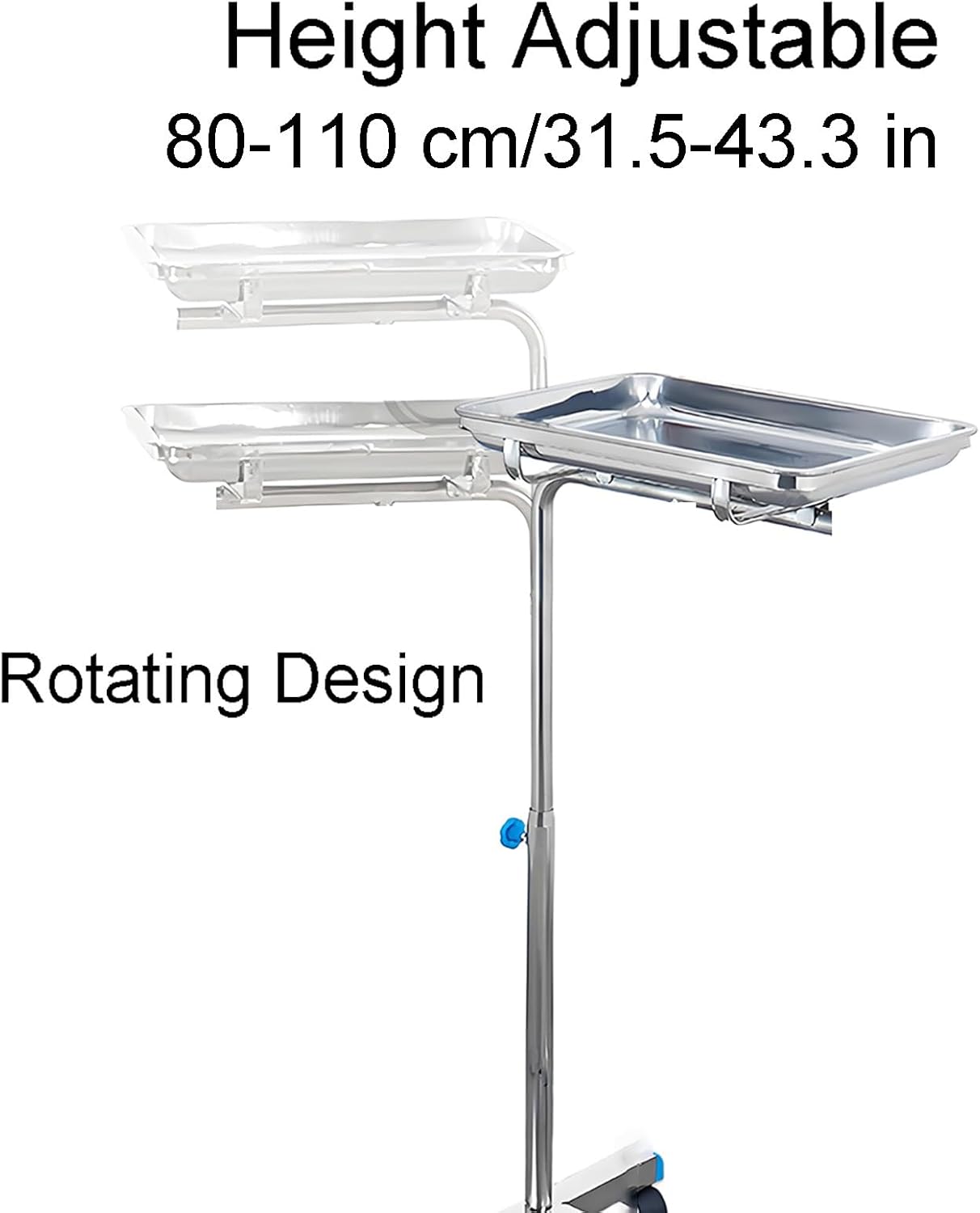 Stand Stainless Steel Instrument Salon Tattoo Rolling Tray, Mobile Mayo Tray Stand Utility Trolley with Adjustable Height, for Clinic Spa(60x40x(80-110) cm)