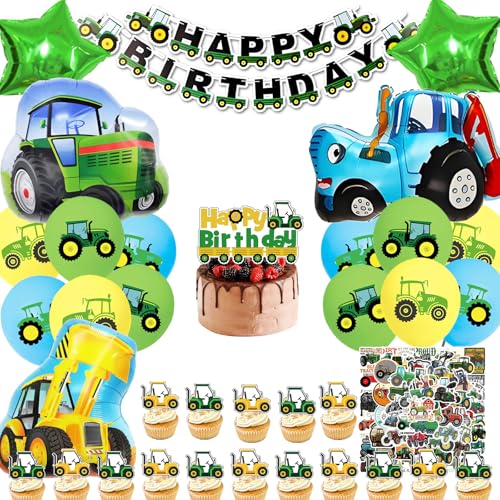 XXL Decoración Globos de Cumpleaños Tractor niños, Kit Fiesta Globos de Aluminio Bulldozer Decoracion de Tartas y Pegatinas para Infantiles Niños (Set Cumpleaños Tractor)