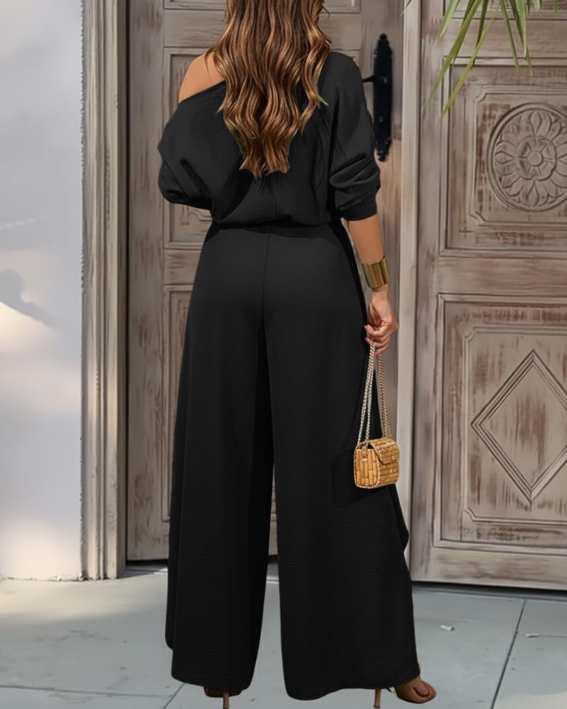 CHICME Women Summer 2 Piece Outfits Off Shoulder Batwing Sleeve Top Flowy Slit Wide Leg Pants Sets Trave Matching Set - Image 2