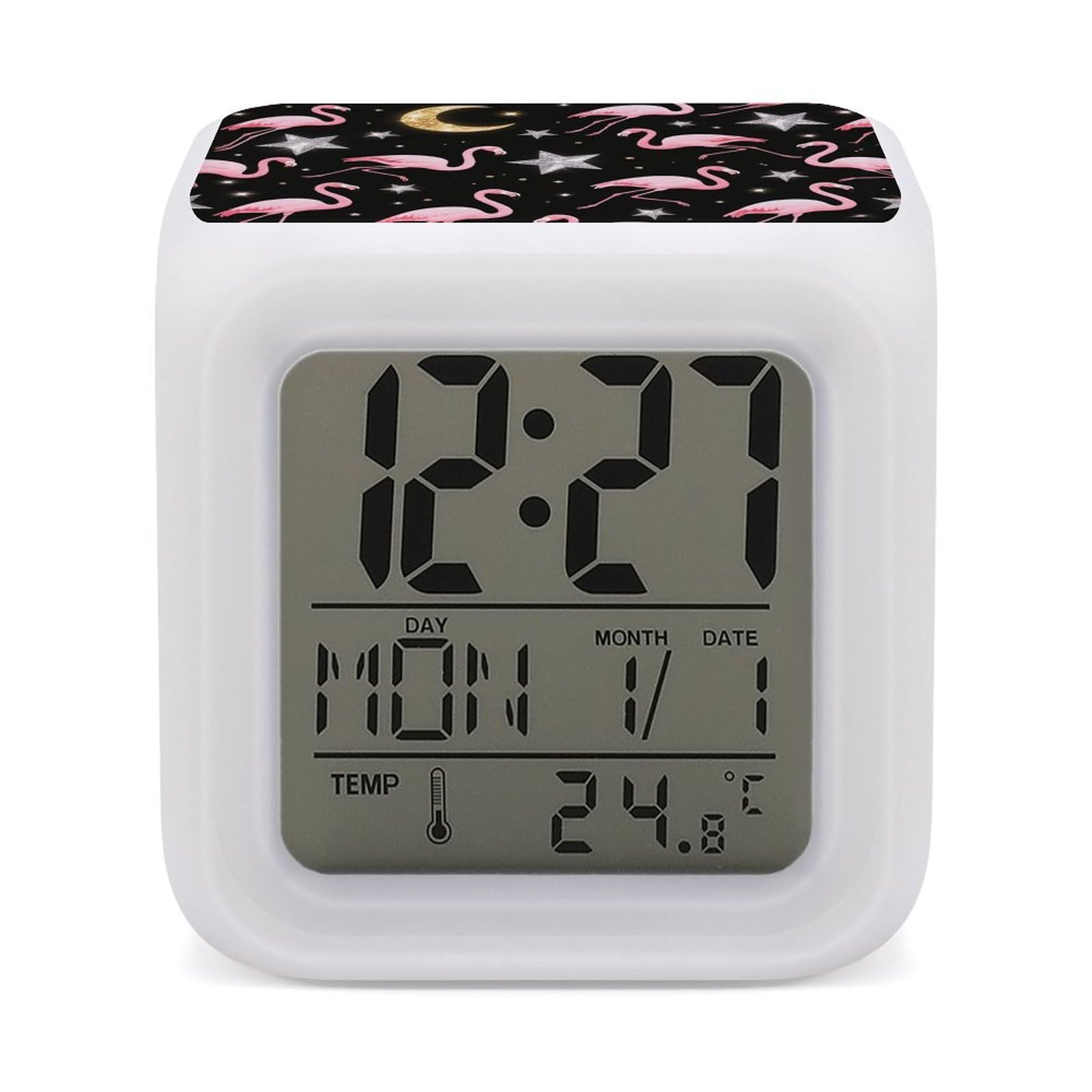 VstaDank Flamingos Alarm Clock with Date Temperature Large LED Display Number Clocks with 7 Colors Changing Desk Clock Battery Operated Digital Clocks with Date for Heavy Sleepers