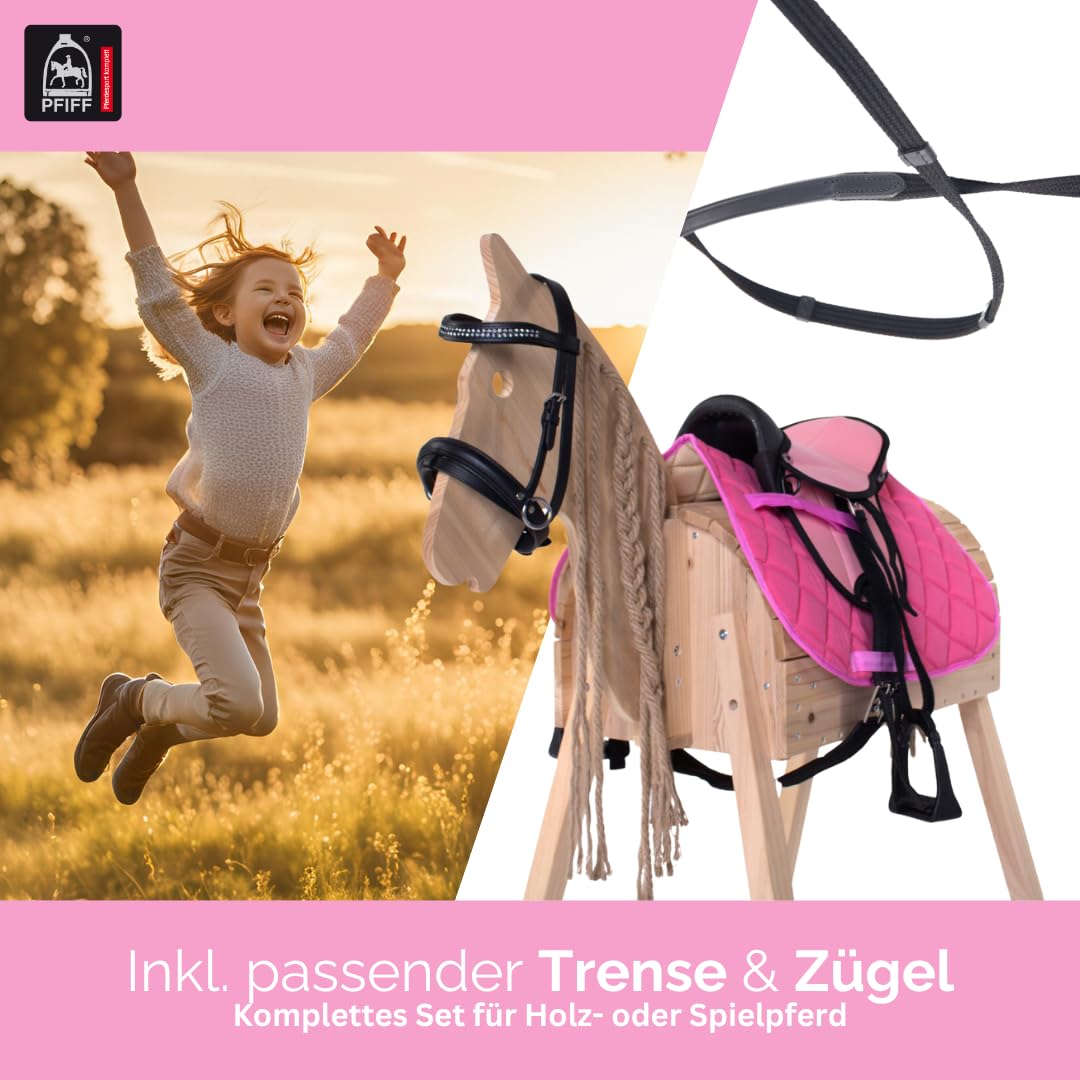PFIFF 103122 Kinder Sattelset für Holzpferde, Reitset, Sattel und Trense für Spielpferde, Pink/Rose, MS