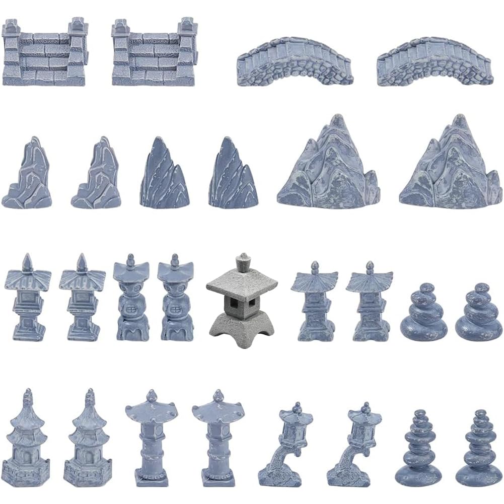 SUPERFINDINGS 28Pcs 14 Styles Chinese Garden Ornament Miniature Zen Garden Figurine Resin Mini Pagoda Bridge Lantern Statue Micro Landscape Decor Ornaments for Pots Bonsai Patio Yard Mini House Decor