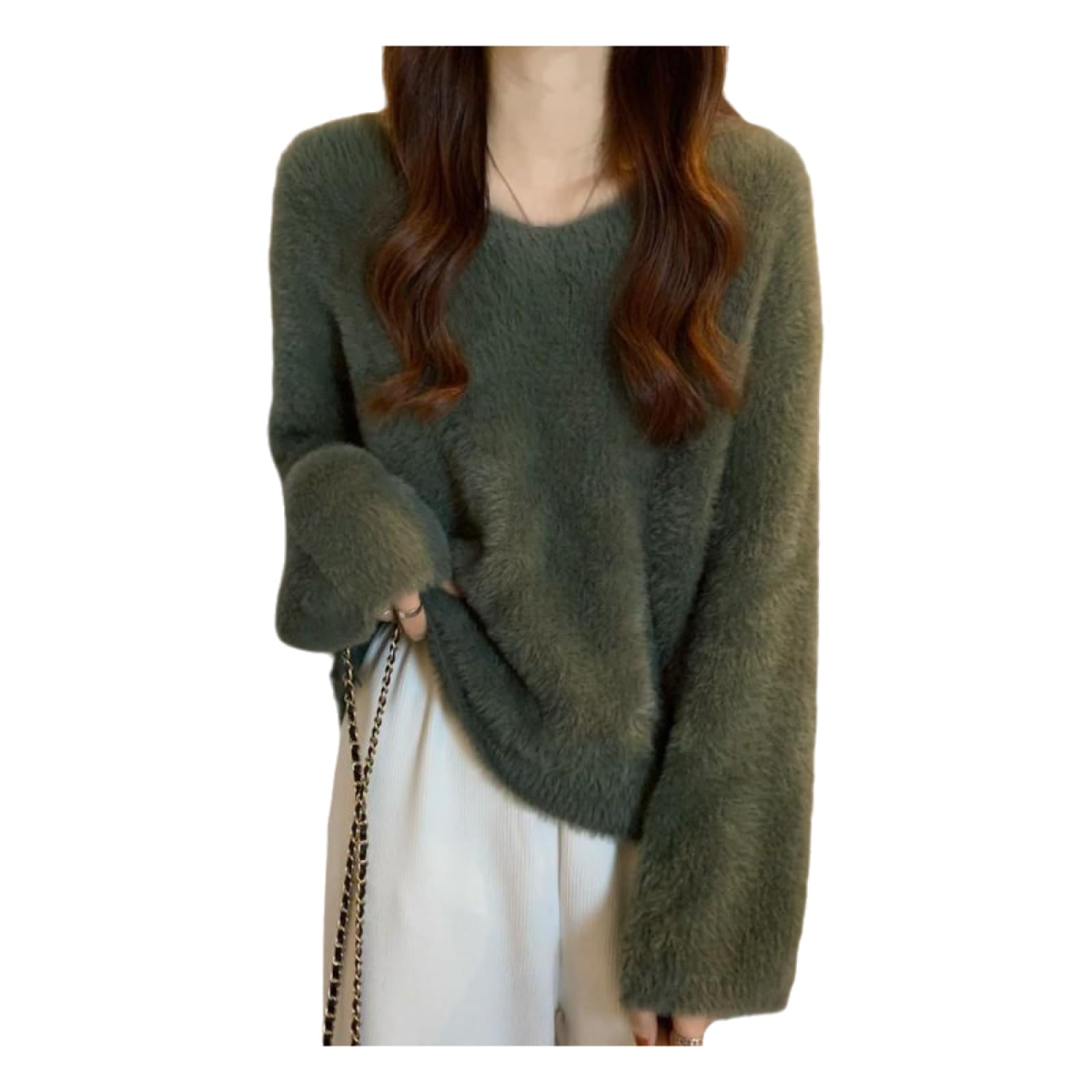Damski sweter z dekoltem w serek z miękkiego polaru imitacja puszysty sweter moherowy luźny stylowy sweter z dzianiny cienki sweter damski