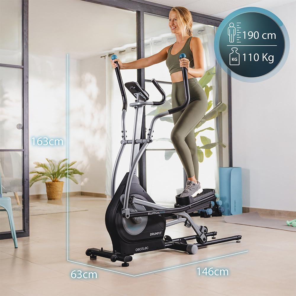 Cecotec Bicicleta Elíptica Plegable con App Drumfit Elliptical 8000 Motor Pro. Resistencia Magnética Regulable a Motor, Pantalla y Soporte Dispositivos, Volante Inercia 8kg, Pulsómetro, Zancada 40cm