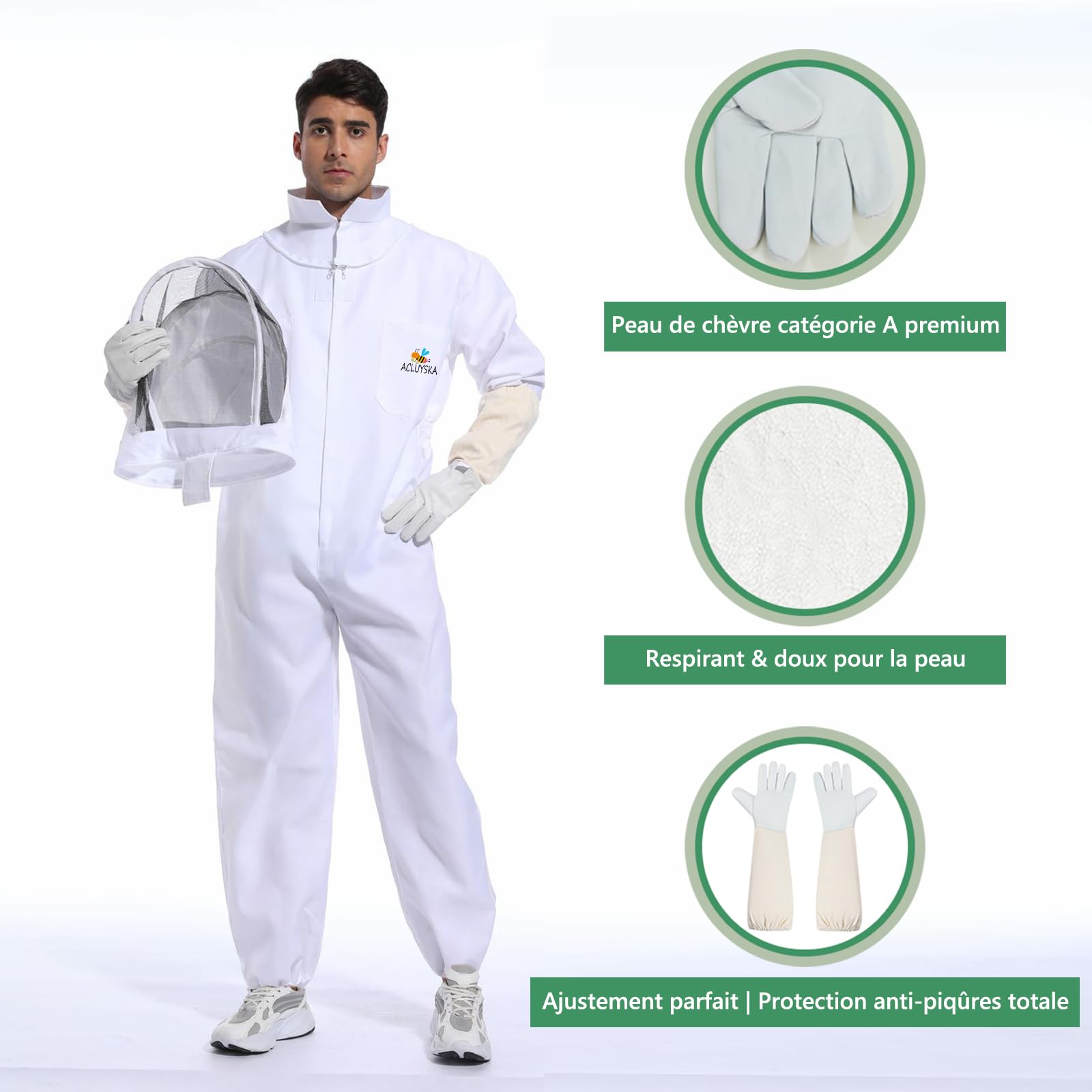 Combinaison Apiculteur Homme Femme Anti Guêpes, Tenue Apicole Polycoton Anti-Piqûres avec Gants Apiculture et Capuche Ventilée Combinaison Apiculture Complète Anti Guêpes(S)