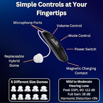 Rechargeable Hearing Aids for Seniors Adults - Noise Cancelling - Wireless Charging Case - Over the Ear RIC and BTE Design - Audifonos Para Sordos - OTC - Pair of 2 - Black Hearing Aids - Clarity Audiology