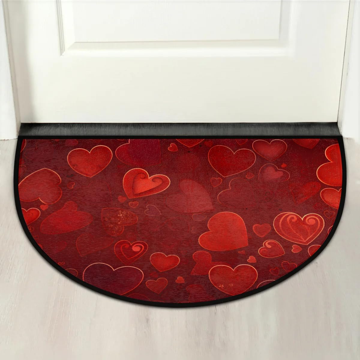 cfpolar Half Round Door Mat Valentine's Day Heart Red Non-Slip Semi Circle Area Rug Washable Half Moon Hearth Rugs for Indoor Outdoor Bathroom Kitchen Patio Runner Mat Laundry Room Home Decoration