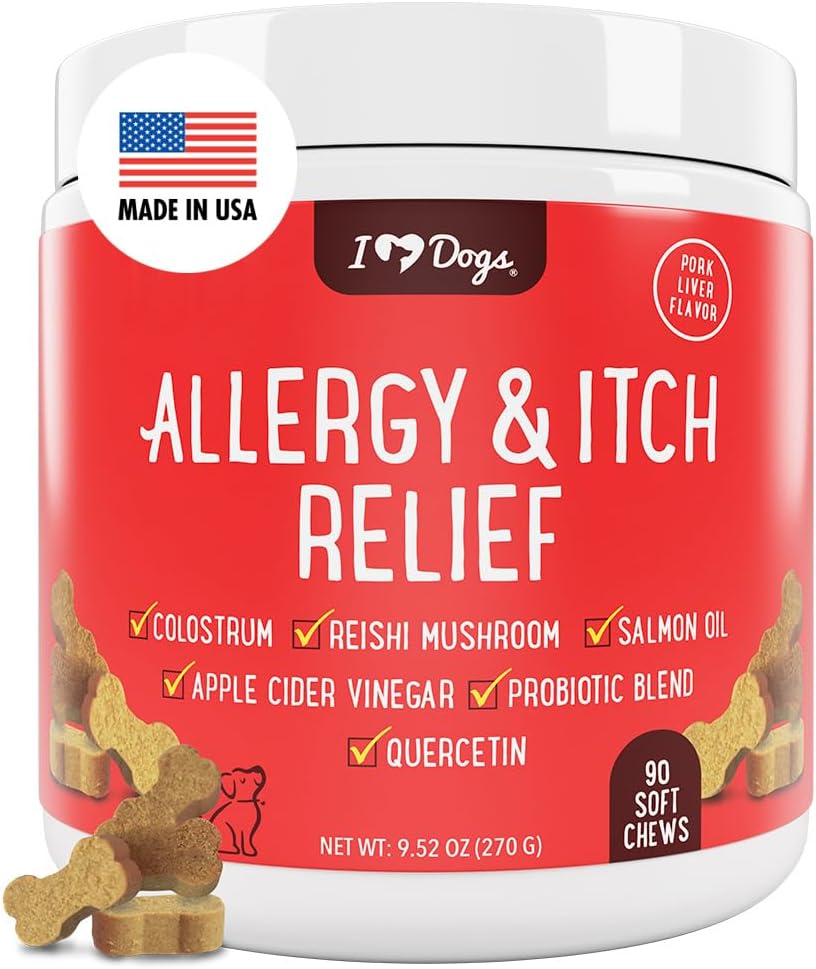 iHeartDogs Allergy & Itch Relief for Dogs with Salmon Oil, Quercetin, Colostrum, Antioxidants and Probiotics - 90 Count