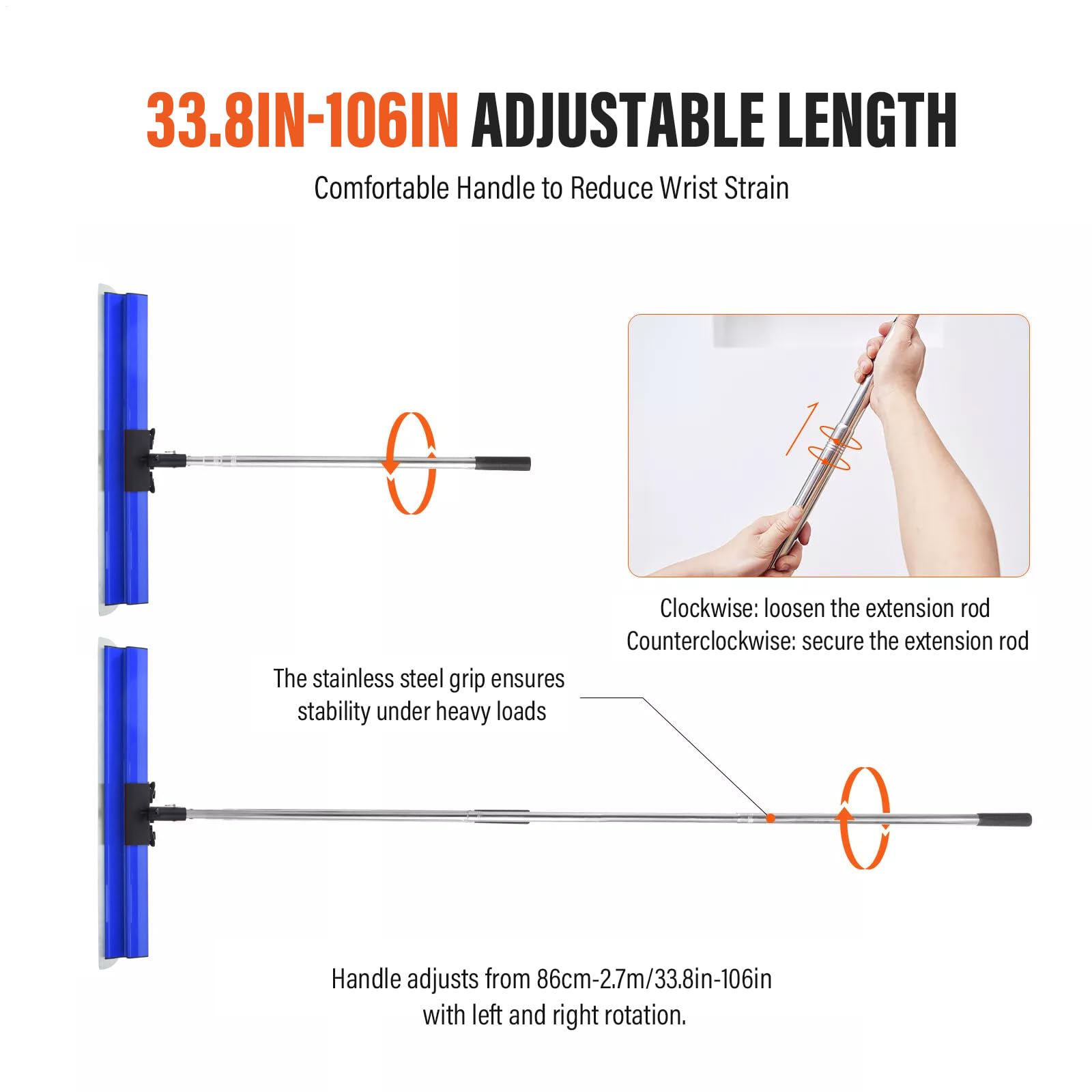 Juego de espátulas profesionales de acero inoxidable - 85-274 cm, mango ajustable, en estuche (15, 35, 55, 75 y 95 cm), cuchilla y rodillo, para enlucir paredes y techos (azul)