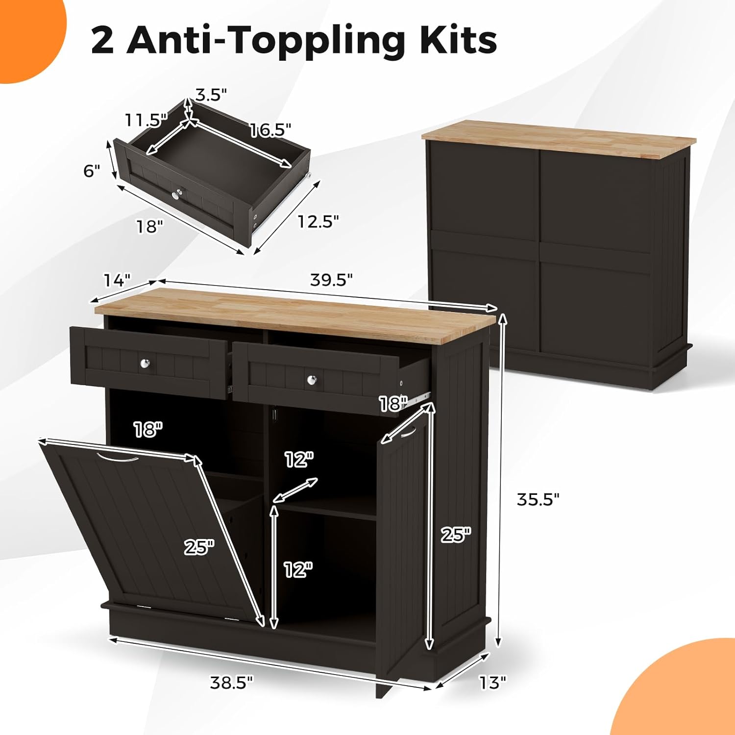 Tilt Out Trash Cabinet, Laundry Cabinet with 2 Drawers & Adjustable Shelf, Rubber Wood Counter Top, Recycle Bins for Dining Room, Kitchen (Brown)
