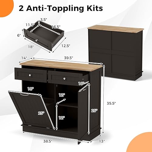 Miniatura 30 de Armario de basura inclinable, isla de cocina con 2 cajones y estante ajustable, encimera de madera de goma, cesta de lavandería independiente,