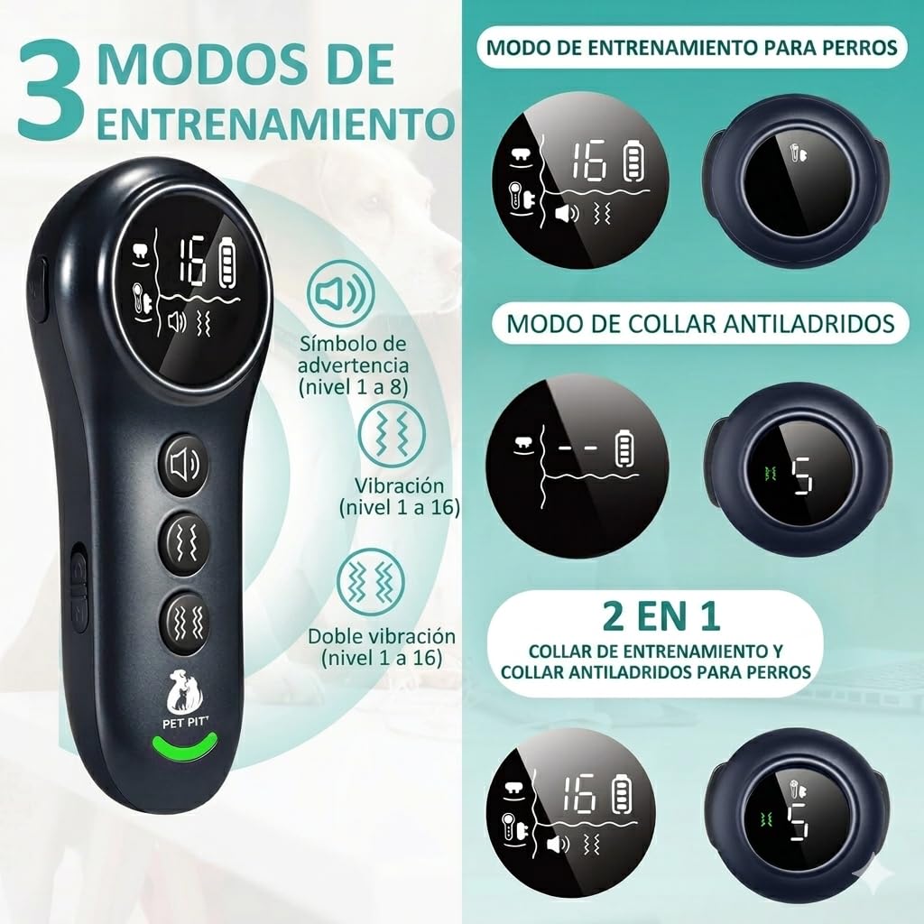 2 en1 Collar de Adiestramiento para Perros y Collar Antiladridos para Perros, Sin Descargas Eléctricas, 3 Modos Pitido/Vibración/Vibración Fuerte, Alcance de 1000 m (3300 ft),5 Niveles de Sensibilid